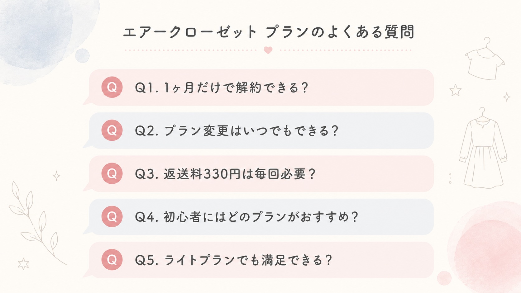 エアークローゼットの料金プランに関するよくある質問5つをまとめた一覧